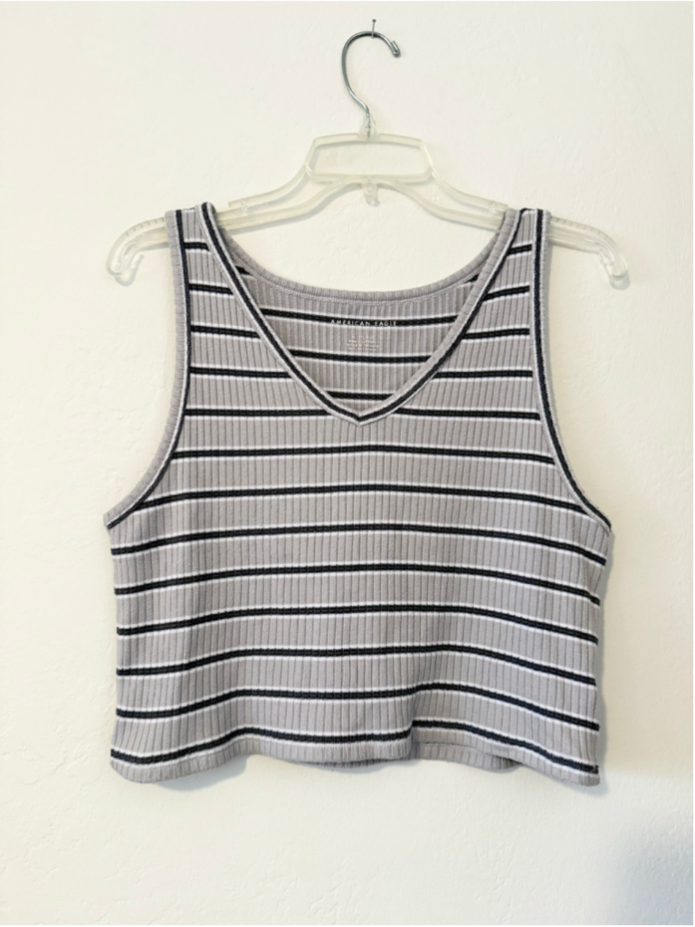 Women's American Eagle Striped Ribbed Tank Top Grey Black Size XL